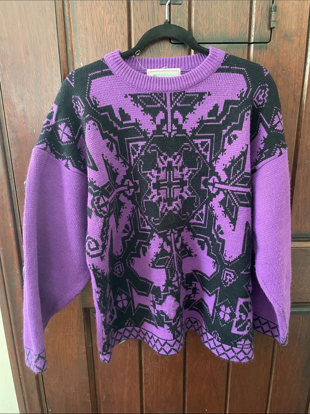 Organically Grown Vintage Purple and Black Patterned Crewneck Sweater - Women